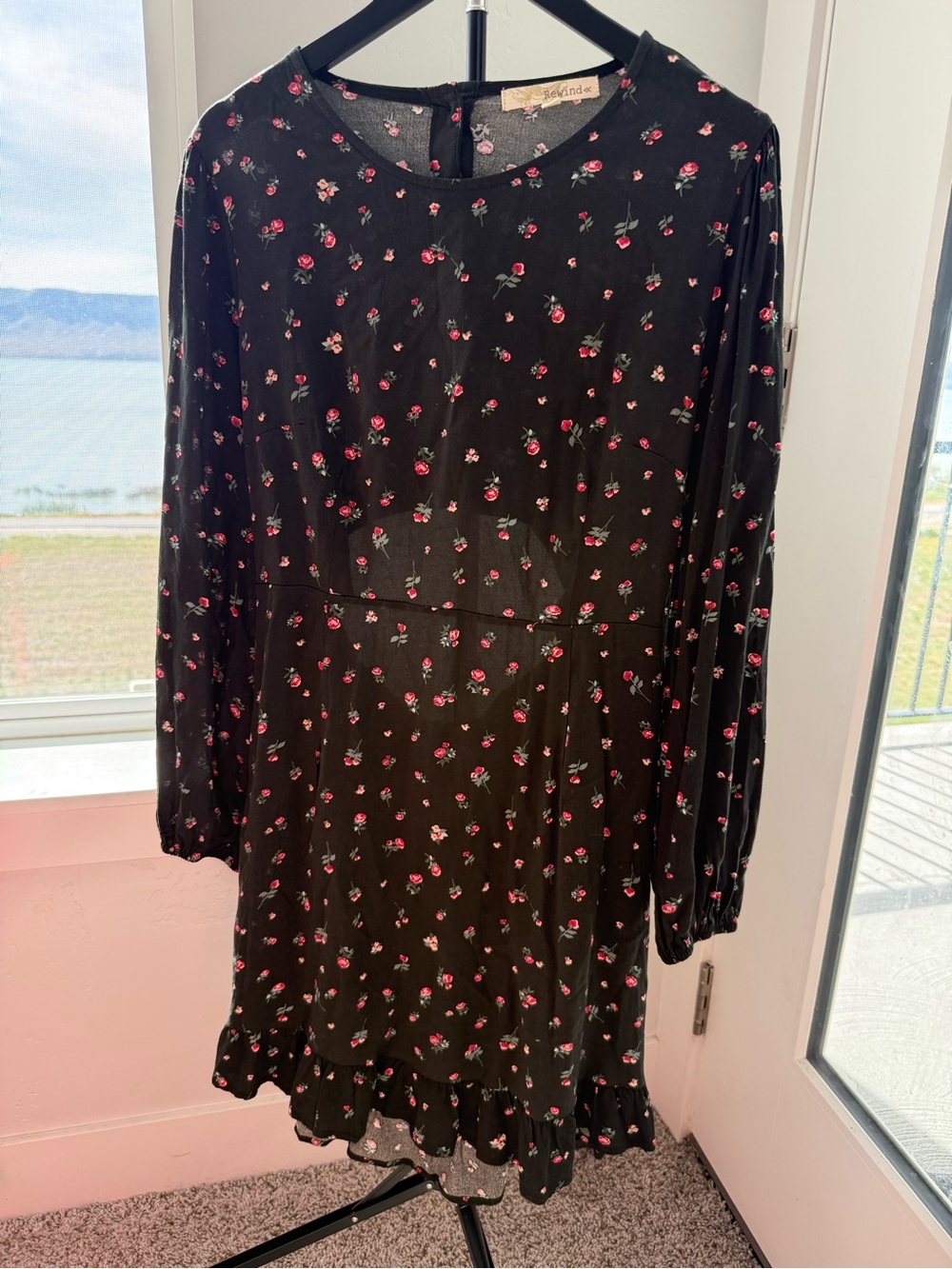 Rewind Black Midi Dress with Pink Floral Print
